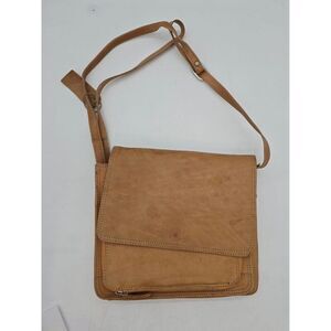 Vintage Tan Leather Crossbody Bag With Adjustable Strap & Multiple Compartments